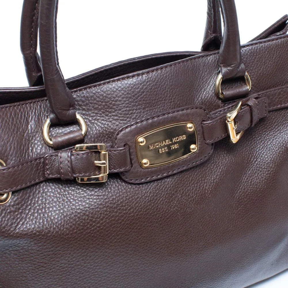 Michael Kors Hamilton East West Satchel Brown Pebbled Leather Gold Hardware